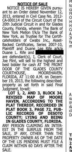 Newspaper clipping showing Duane Lee Rife's property was foreclosed on and sold at auction in 2013