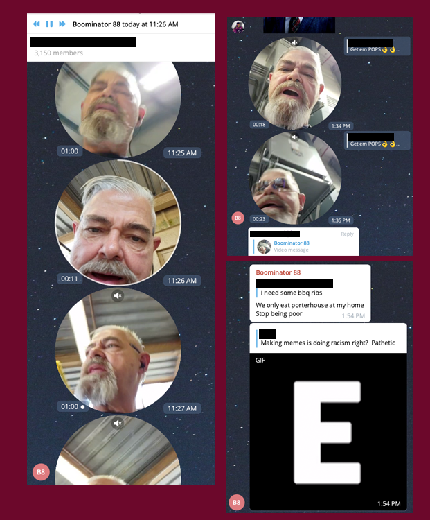 Duane Rife aka Boominator 88 posts racist screeds all day long from work. The animated gif shown in this string of a screenshot video chat posts spells out a racist slur.