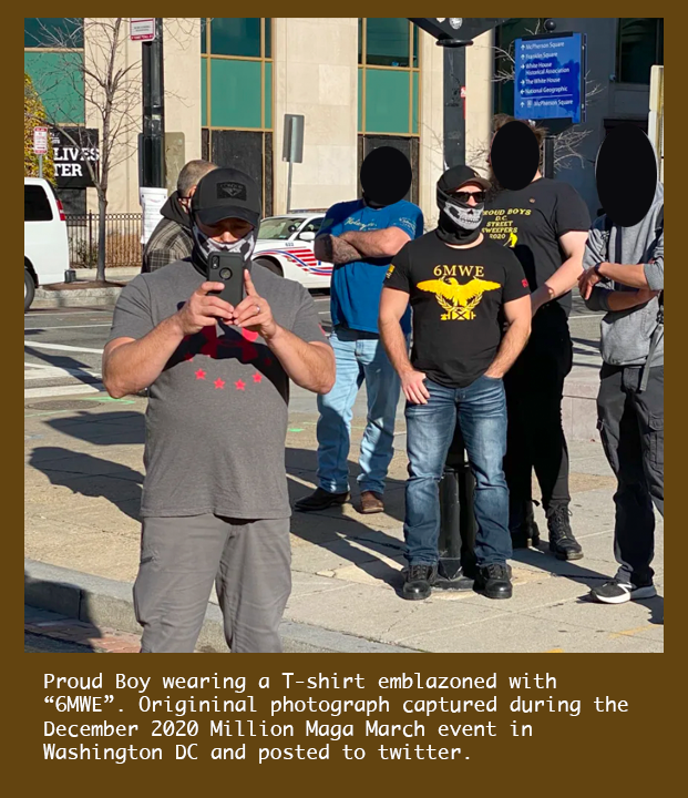 Proud Boy standing in a small group was spotted wearing an antisemitic T-shirt the weekend of December 12, 2020 in Washington DC.