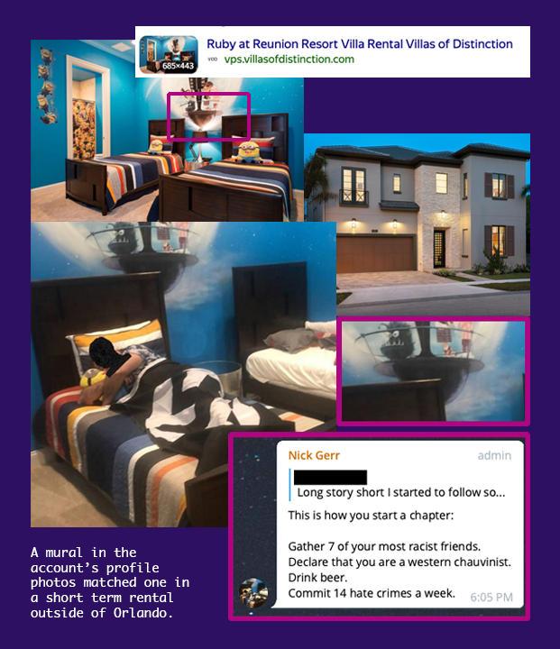 A mural at a short term rental outside Orlando matches the one used in one of HHYK's profile pictures showing he or an associate lying on a twin bed with a striped blanket draped in a Nazi flag. On the wall is part of a mural from a "Despicable Me" animated movie. 