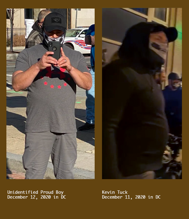 An unidentified Proud Boy on December 12, 2020 (left) and Kevin Tuck wearing a similar mask and a black hat December 11, 2020.