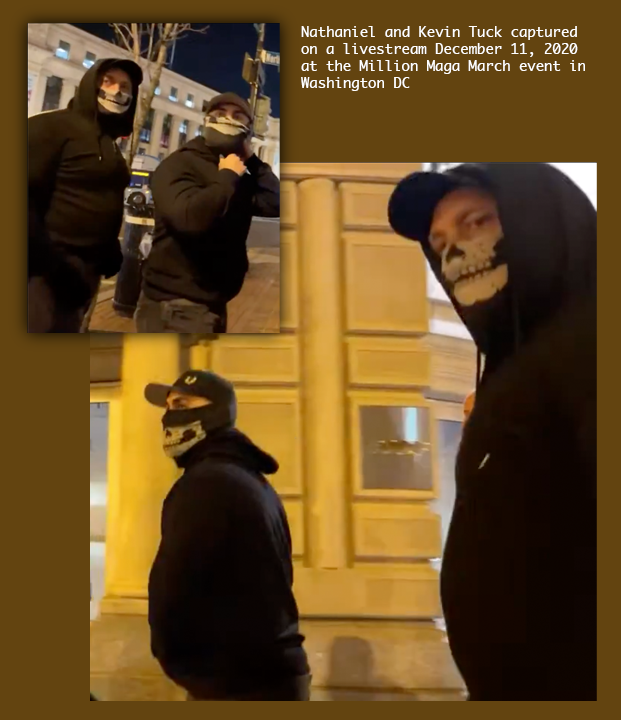 Video stills of Nathan and Kevin Tuck inWashington DC December 11 the night before the Million Maga March wearing siege skull masks.