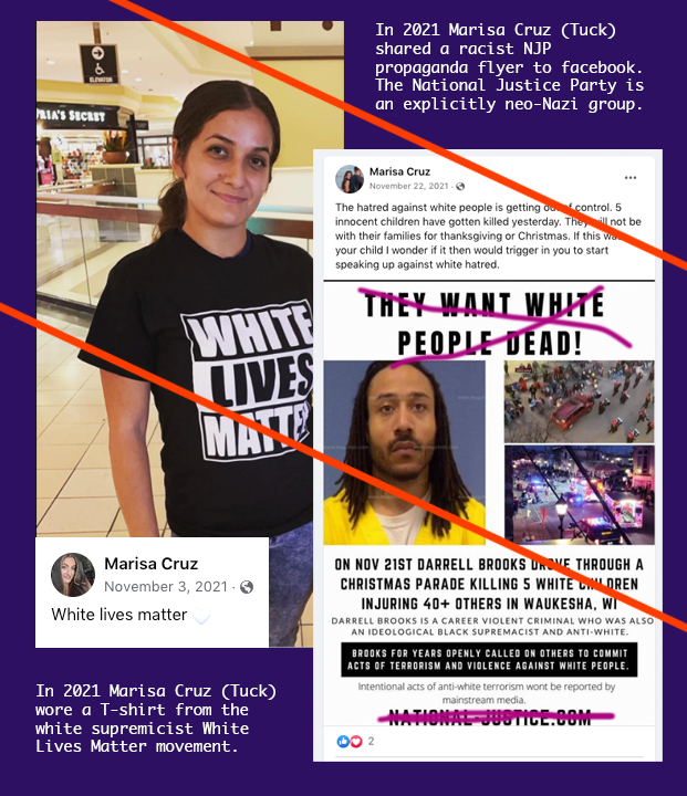 Nathaniel Tuck's sister Marisa Cruz shown in a photo posted in 2021 wearing a White Lives Matter T-shirt inside a mall. Another image from her facebook page is a post of a racist propaganda flyer put out by established neo-Nazis in the NJP.