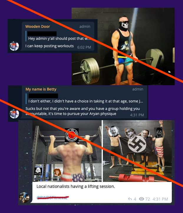 Nathaniel Tuck offering lifting and workout advice in the RWDS Fitness private chat. A photo of a man wearing a Siege mask who appears as short as Tuck deadlifting a barbell with a ray of light pinpointed on his crotch. Two additional screenshots of Nazis working out together with their faces obscured by fascist image stickers. In one image they are holding a swastika flag up."Local Nationalists having a lifting session".