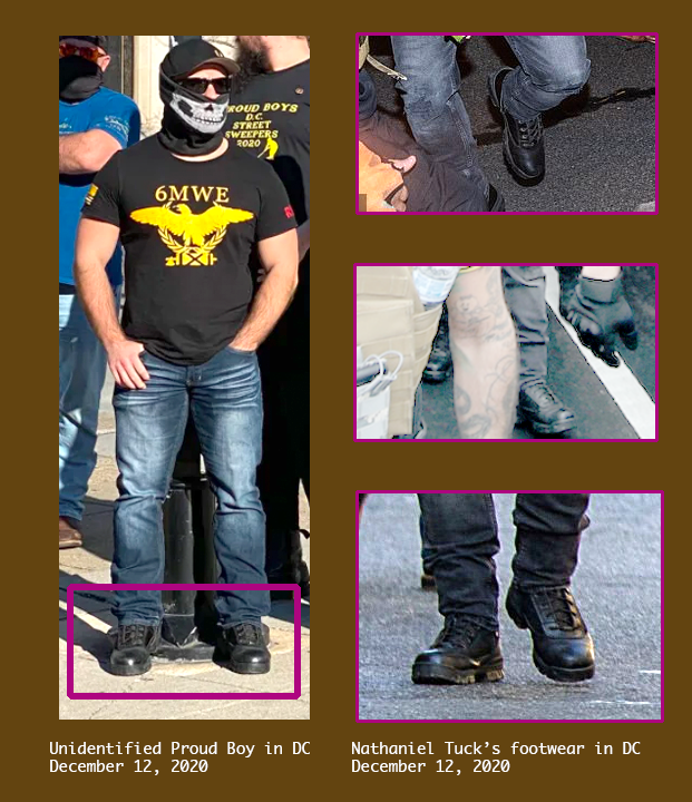 An Unidentified Proud Boy wearing a shirt with the phrase "6MWE" and black footwear compared with Nathaniel Tuck wearing similar boots.