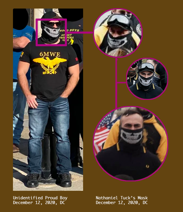 An Unidentified Proud Boy wearing a shirt with the phrase "6MWE" and a Siege skull mask compared with Nathaniel Tuck who is wearing the same version of the mask.