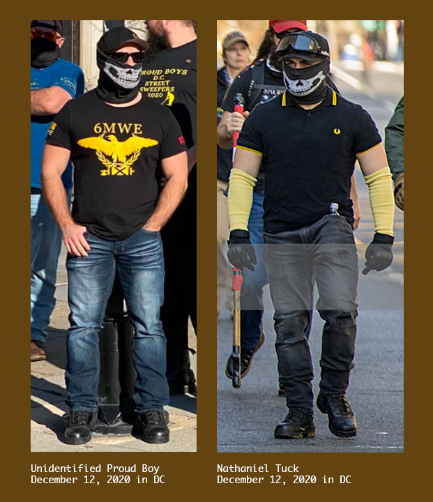A side by side comparison of Nathaniel Tuck and an unidentified Proud Boy wearing an antisemitic shirt.