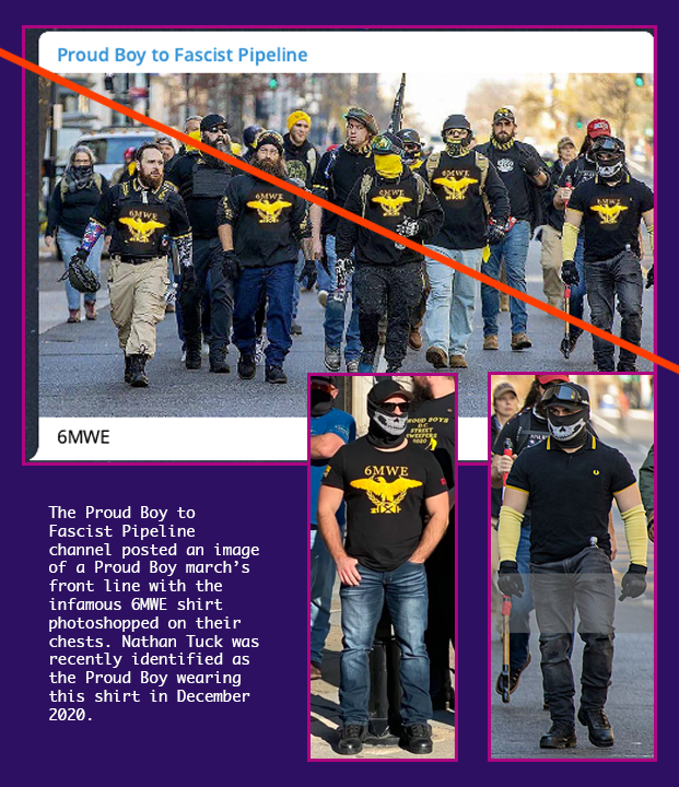The Proud Boy to Fascist Pipeline channel posted an image of a Proud Boy march’s front line with the infamous 6MWE shirt photoshopped on their chests. Nathan Tuck was recently identified as the Proud Boy wearing this shirt in December 2020. At the bottom of the graphic is the side by side comparison of Nathan Tuck, who is also in the front line photo with the previously unidentified Proud boy. They are both wearing a black baseball cap, a skull mask, jeans, and black boots.