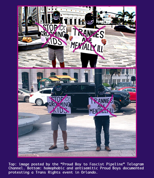 A photoshopped version of a photo taken at a Trans rights rally counter-demonstration in Orlando alongside another angle of the same protesters taken by a passerby. Shows two protesters in Proud Boy uniforms, caps, and skull masks standing outdoors on brick pavement. One is holding an antisemitic sign, both are holding anti-Trans signs.