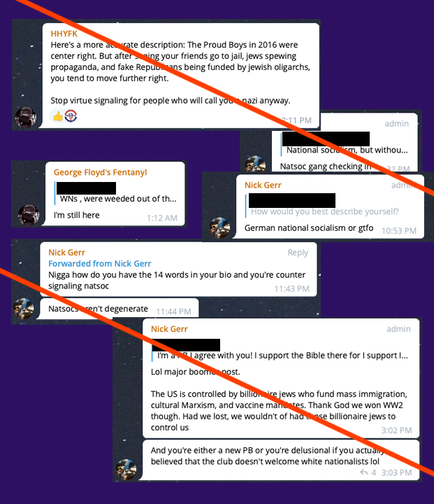 Screenshots of posts by the Nick Gerr/HHYFK account asserting that the Proud Boys have always embraced fascists and white nationalists. He states that you are either a new PB or you're delusional if you actually believed that the club doesn't welcome white nationalists.