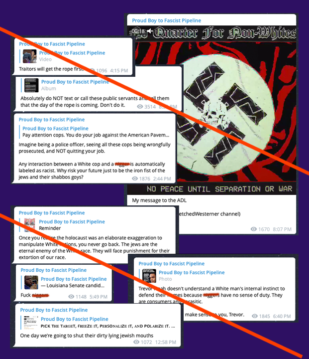 Screenshots of examples of antisemitic and racist content including slurs and the promotion of violence against minorities, including saying traitors to white people will "get the rope".