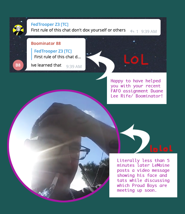 Screenshots of TJ LeMoine telling people in a chat channel not to dox themselves, and then doxxing himself minutes later.