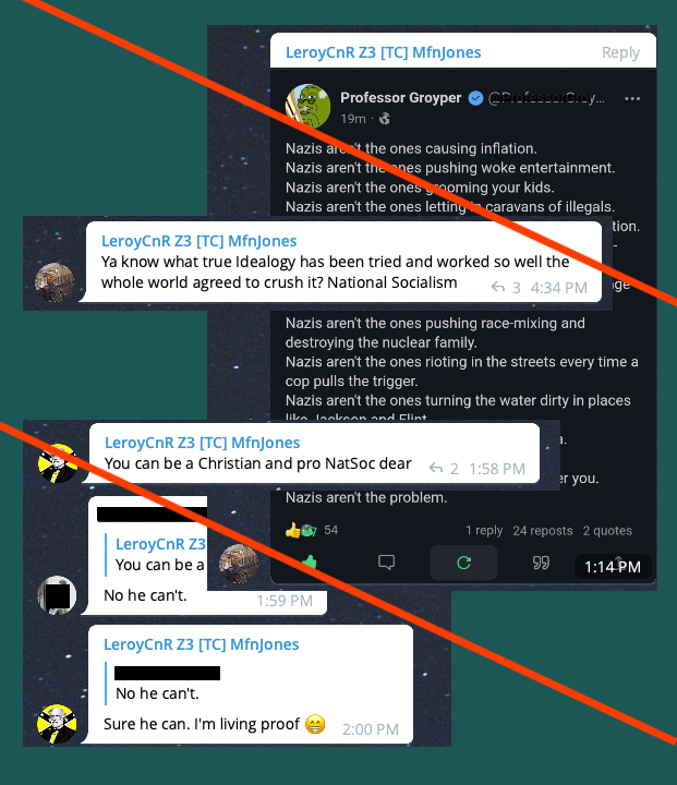 Posts showing TJ LeMoine defending nazism and national socialism and stating that he is pro national socialism.