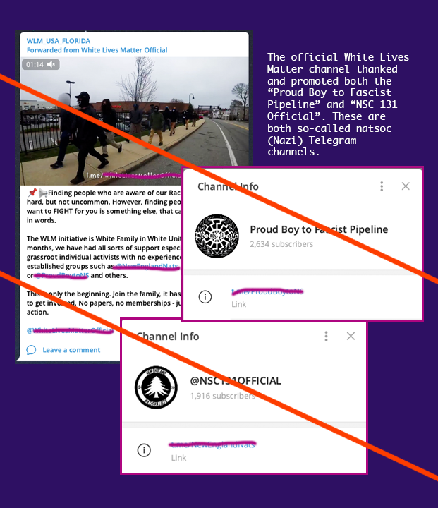 Screenshots of the official White Lives Matter channel thanking the Proud Boy to Fascist Pipeline and NSC131 Telegram handles for supporting them alongside profile screenshots of both accounts.