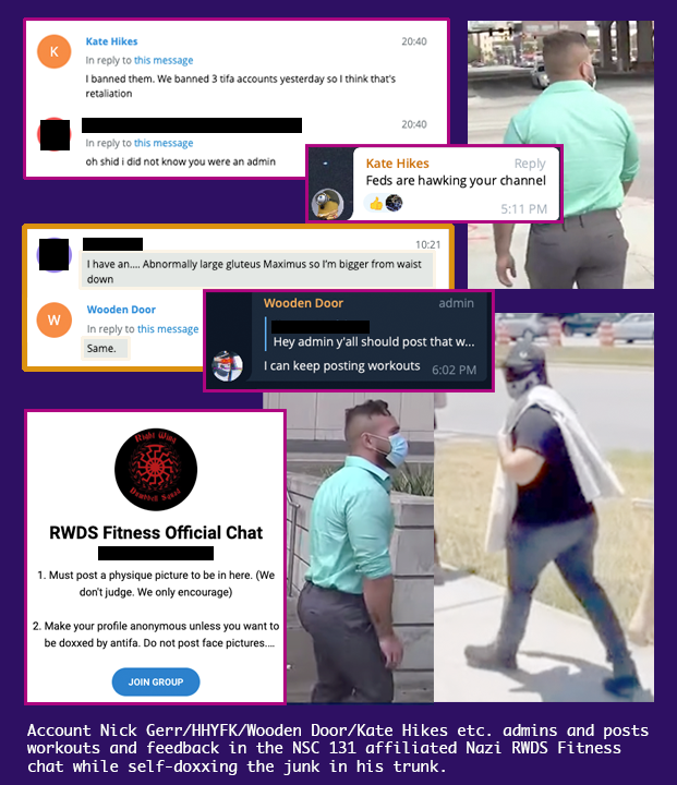 screenshots of Nathan Tuck self-doxxing his booty in the RWDS Fitness private chats by talking about where he carries his weight. Three photos of Nathan Tuck's prominent rear end. Two of these photos were taken outdoors by newscasters as Nathan was heading from court. He's wearing a blue surgical mask in both.