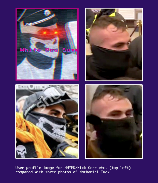 User profile image for a prolific antisemitic and racist Telegram account compared to photos of Nathaniel Tuck. A photoshopped image of a man with pronounced eyebrows and glowing eyes wearing a Nazi and a Siege mask is compared with images of Nathan Tuck wearing the same mask and from similar angles.