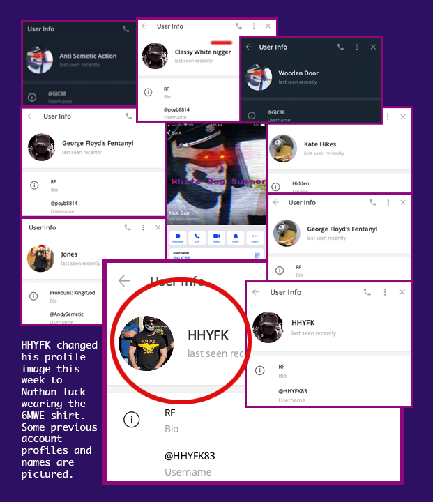 Screenshots of various profile names and icons user by a Telegram User that went by a variety of racist and antisemitic slurs. The most recent profile image is in the center and is of a masked Nathan Tuck wearing a shirt that reads 6MWE.